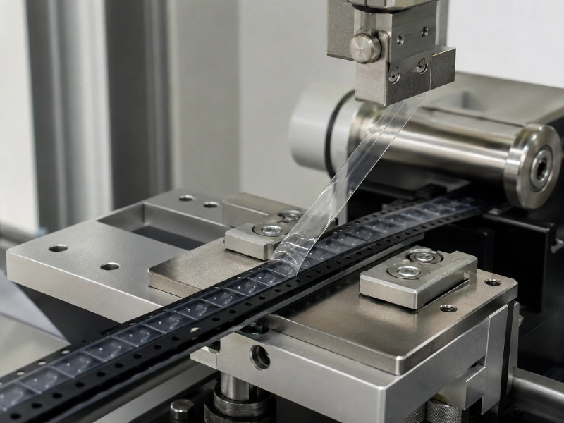 Cover tape and carrier tape installed on a peel force tester for controlled angle testing