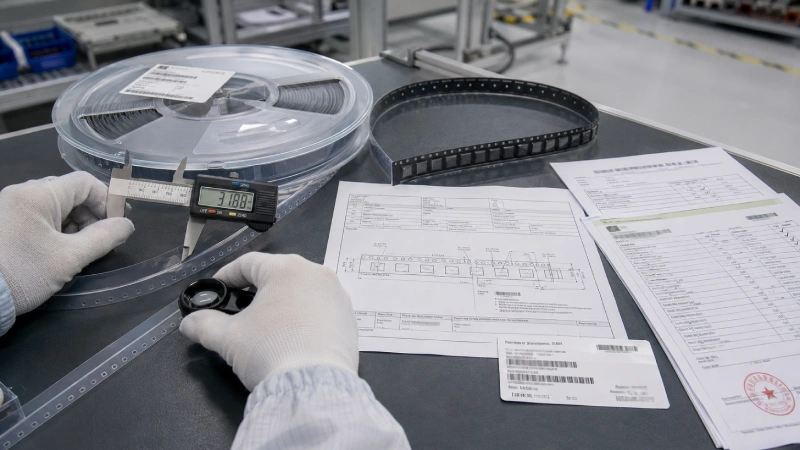 Cover tape TDS, COA, batch label and tape width being cross-checked during incoming inspection