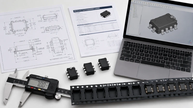 Component drawing, datasheet, 3D model and physical samples prepared for a custom carrier tape project.