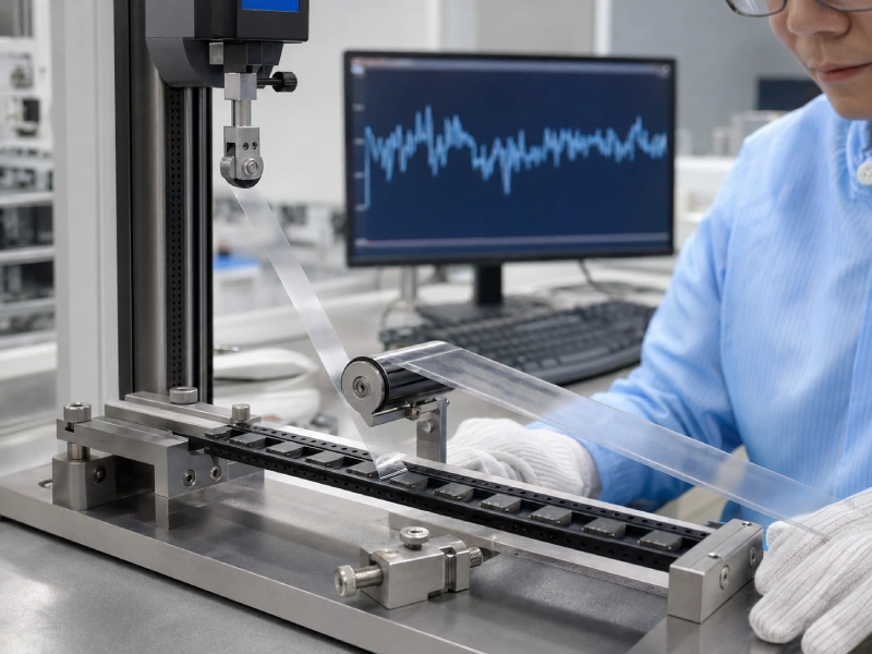 Peel-force testing of heat-sealed cover tape and embossed carrier tape