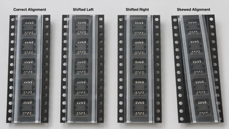 Correct alignment of PSA cover tape adhesive stripes over carrier tape sealing lanes
