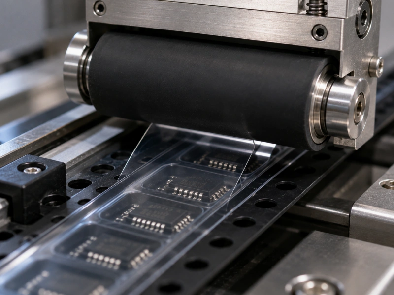 Precision roller applying controlled pressure over PSA cover tape adhesive sealing lanes