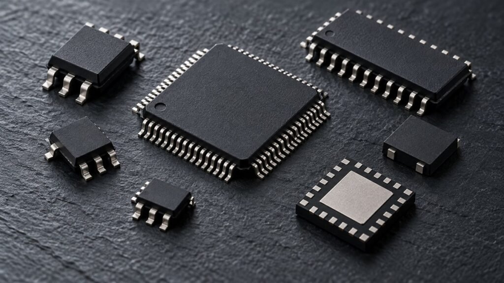 Assorted surface-mount integrated circuit chips and packages