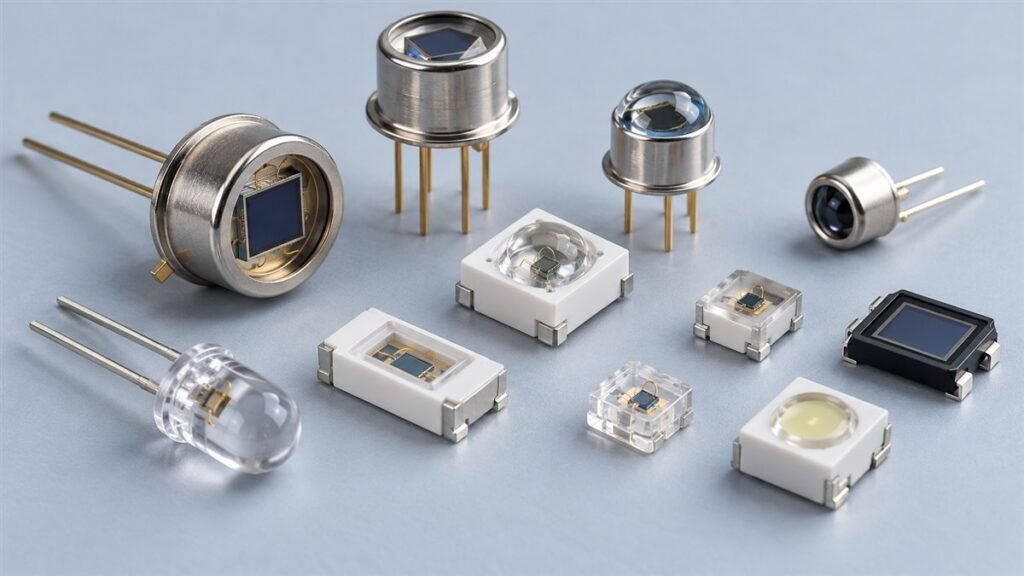 LED and optical sensor components in metal and plastic packages