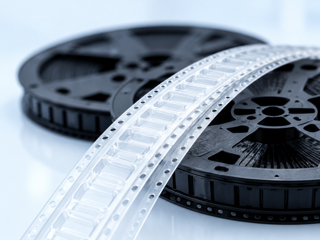 Translucent embossed carrier tape over black reels